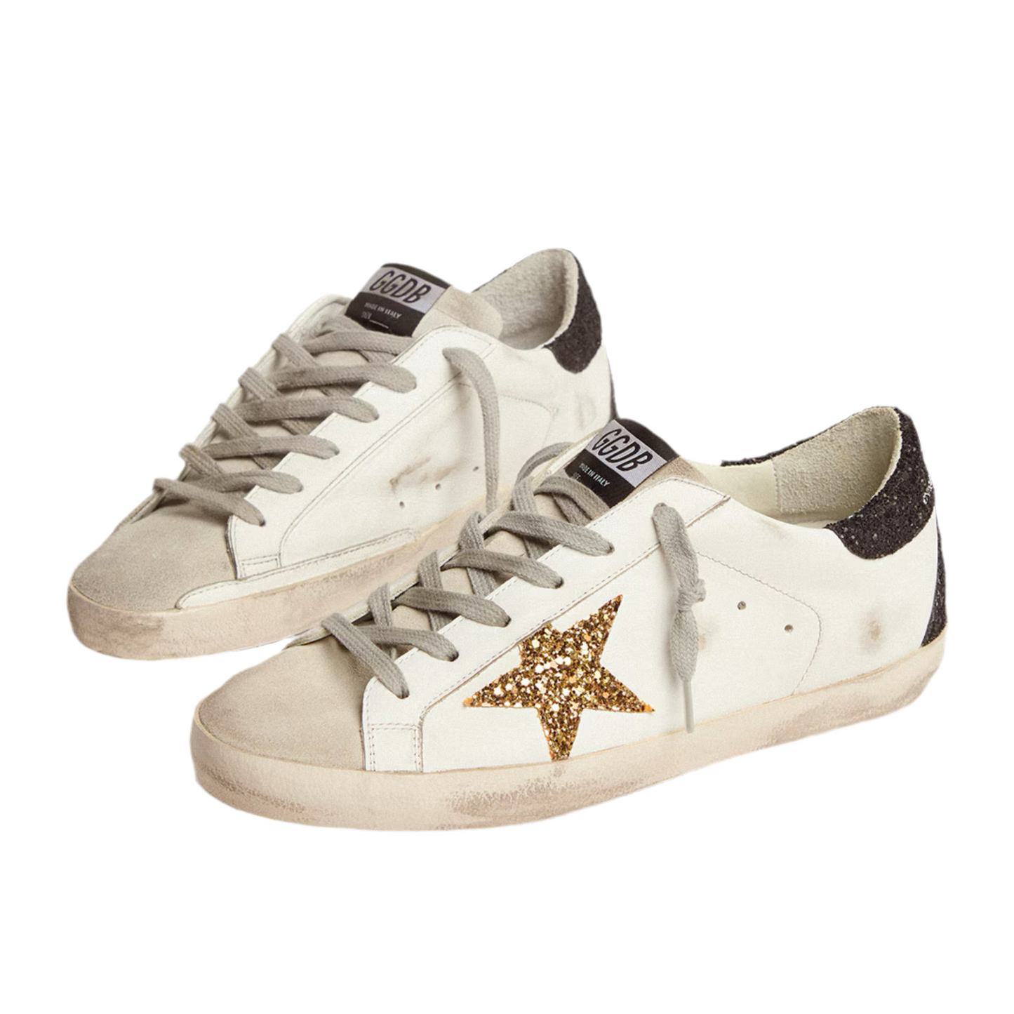 Golden Goose Women’s Super-Star in nappa leather with gold glitter star and black glitter heel tab