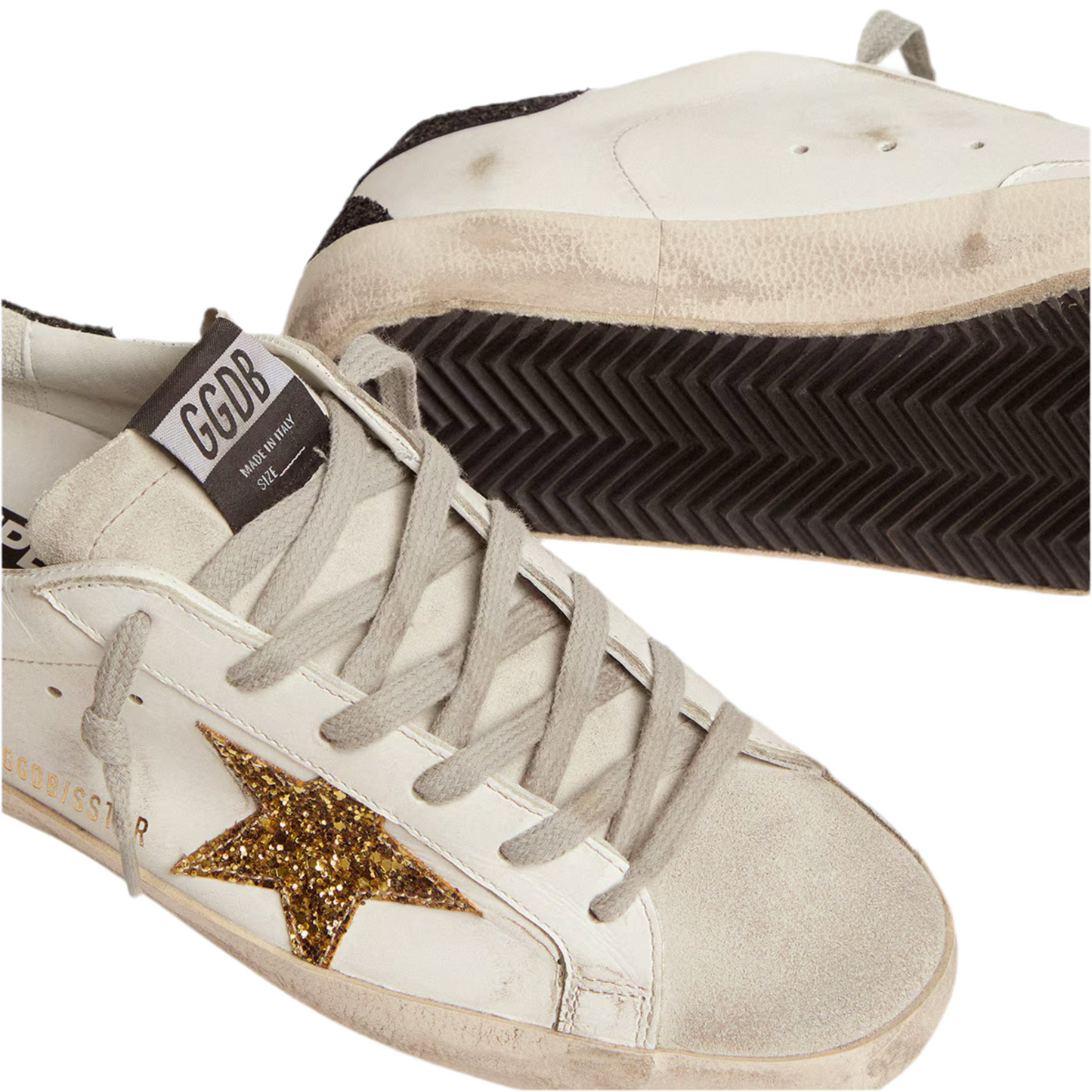 Golden Goose Women’s Super-Star in nappa leather with gold glitter star and black glitter heel tab