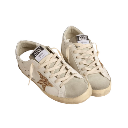 Golden Goose Women's Super-Star with gold glitter star and ice-gray suede inserts