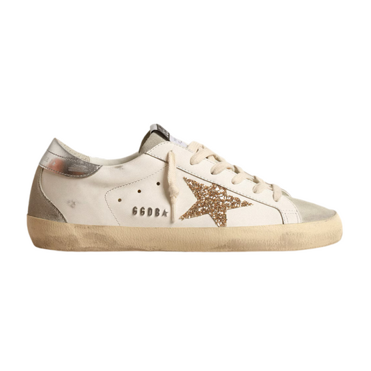 Golden Goose Women's Super-Star with gold glitter star and ice-gray suede inserts