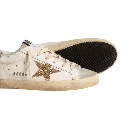 Golden Goose Women's Super-Star with gold glitter star and ice-gray suede inserts