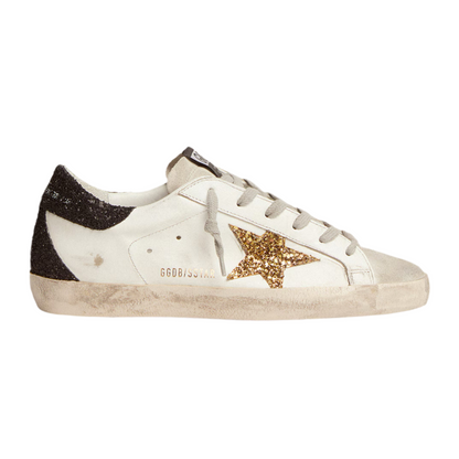 Golden Goose Women’s Super-Star in nappa leather with gold glitter star and black glitter heel tab