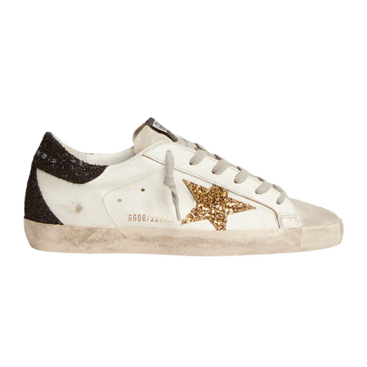 Golden Goose Women’s Super-Star in nappa leather with gold glitter star and black glitter heel tab